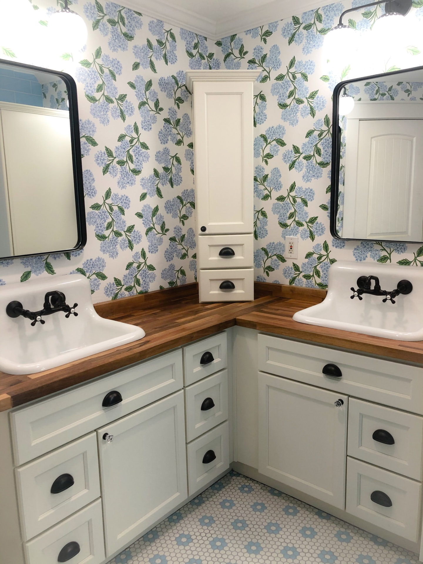 Bathroom vanity cabinetry with butcher block counters