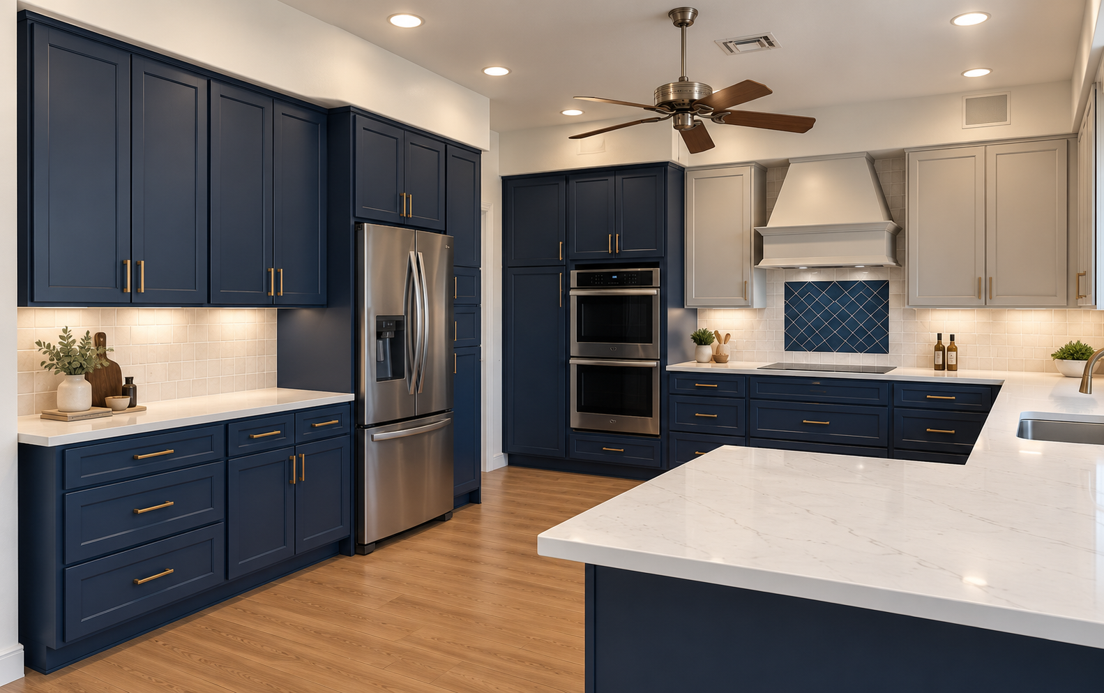 Finished kitchen with navy shaker cabinetry, brass hardware, and a white quartz island