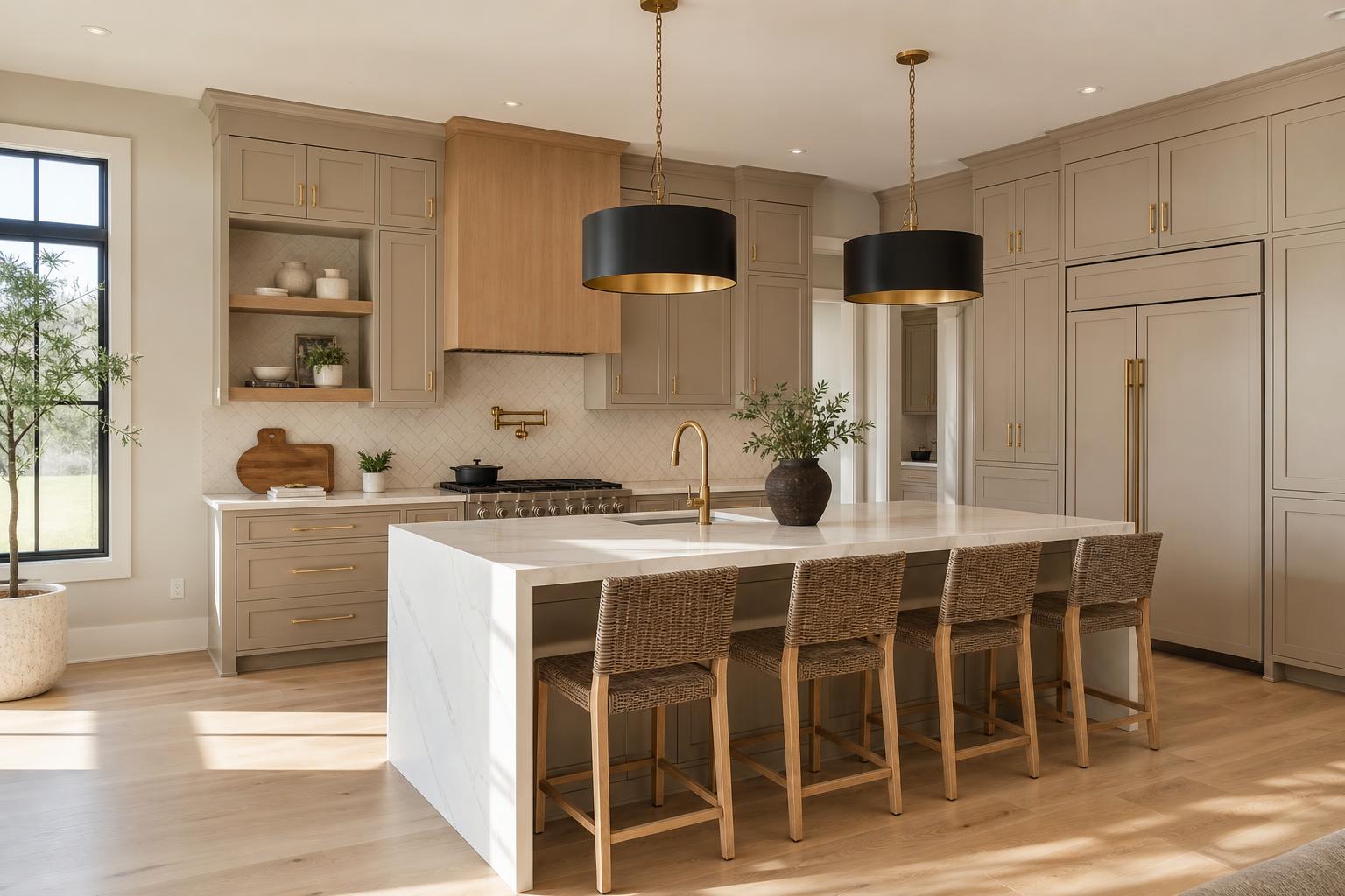 Kitchen with warm greige shaker cabinetry, white quartz island, and natural wood accents