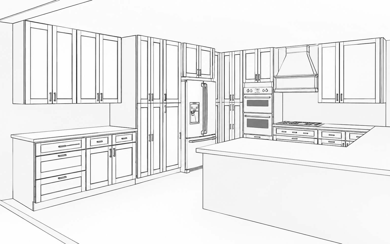 3D line-drawing design rendering of the new kitchen cabinetry